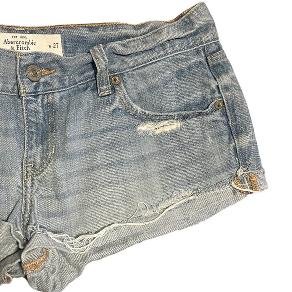 Abercrombie & Fitch Cut Off Denim Shorts with Plaid Patchwork Details - Picture 3 of 9